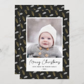 青モダンおもしろいスクリプト金ゴールドパインコーンクリスマス シーズンカード (正面/裏面)