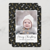 青モダンおもしろいスクリプト金ゴールドパインコーンクリスマス シーズンカード (正面/裏面)