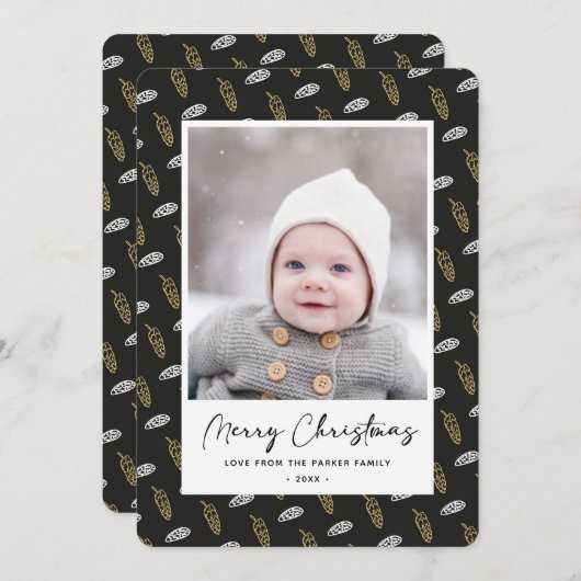 青モダンおもしろいスクリプト金ゴールドパインコーンクリスマス シーズンカード (正面/裏面)