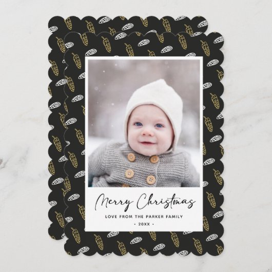 青モダンおもしろいスクリプト金ゴールドパインコーンクリスマス シーズンカード (正面/裏面)