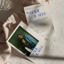 青モダンお洒落フランスのレトロ写真結婚の 招待状