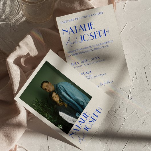 青モダンお洒落フランスのレトロ写真結婚の 招待状