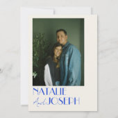 青モダンお洒落フランスのレトロ写真結婚の 招待状 (裏面)