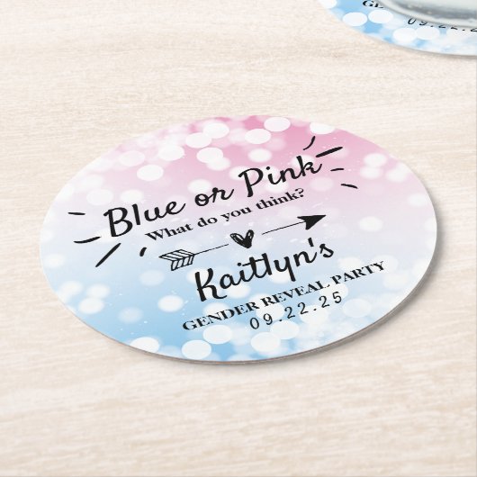 青モダンかピンク?性別の表示パーティー ラウンドペーパーコースター (アングル)