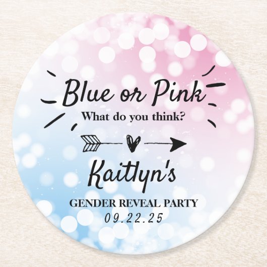 青モダンかピンク？性別の表示パーティー ラウンドペーパーコースター (正面)