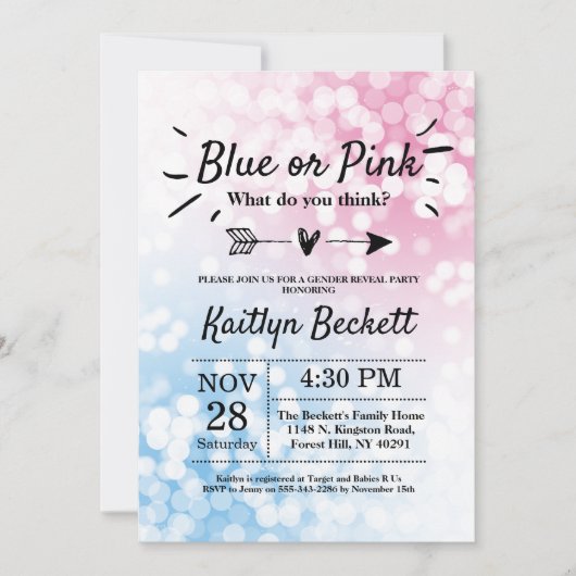 青モダンかピンク?性別の表示パーティー 招待状 (正面)