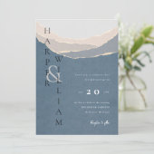 青モダンく裂けた紙の結婚山々 招待状 (スタンド正面)