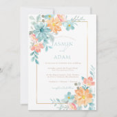 青モダンとオレンジのフローラ結婚ズ 招待状 (正面)