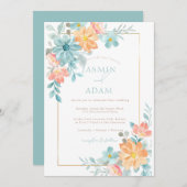 青モダンとオレンジのフローラ結婚ズ 招待状 (正面/裏面)