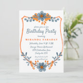 青モダンとオレンジの花フレーム誕生日 招待状 (スタンド正面)