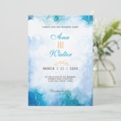 青モダンとターコイズの水結婚色 招待状 (スタンド正面)