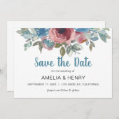 青モダンとピンクのフローラQRコー結婚ド セーブザデート (正面/裏面)