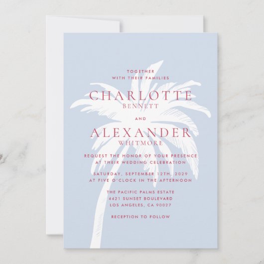 青モダンとピンクの沿岸パーム結婚樹 招待状 (正面)