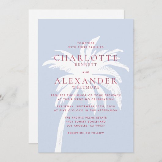 青モダンとピンクの沿岸パーム結婚樹 招待状 (正面/裏面)