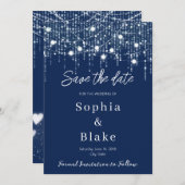 青モダンと白つるのライト日付を保存 招待状 (正面/裏面)