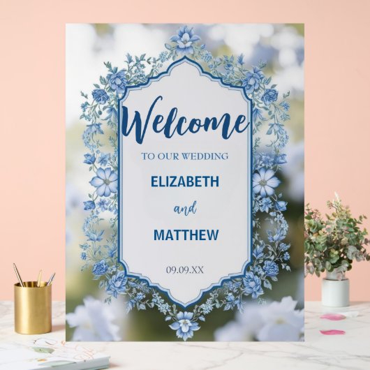 青モダンと白のオーバーレイ結婚花 アクリルサイン (ウェディング)