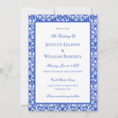 青モダンと白のダマスクの結婚式 招待状 (正面)