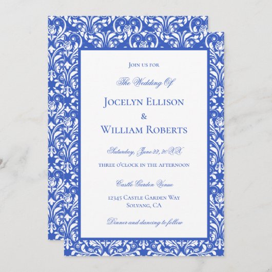 青モダンと白のダマスクの結婚式 招待状 (正面/裏面)