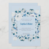 青モダンと白のフローラ枠が青結婚の 招待状 (正面/裏面)