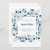 青モダンと白のフローラ枠の白結婚の 招待状 (正面/裏面)