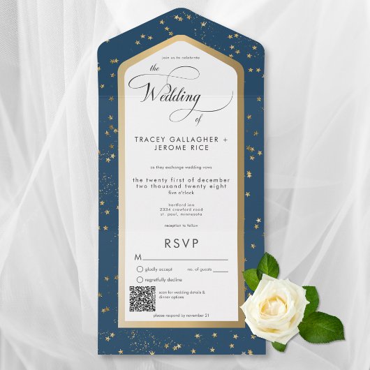 青モダンと白の星空金ゴールドQRコード オールインワン招待状