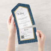 青モダンと白の星空金ゴールドQRコード オールインワン招待状 (貼ってはがせる)