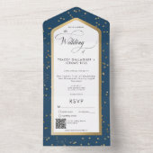 青モダンと白の星空金ゴールドQRコード オールインワン招待状 (内側)