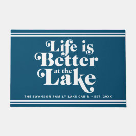 青モダンと白の湖ライフファミリー名 ドアマット