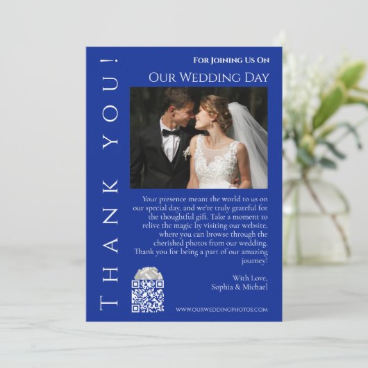 青モダンと白の結婚写真 – ありがとう – 招待状 (スタンド正面)