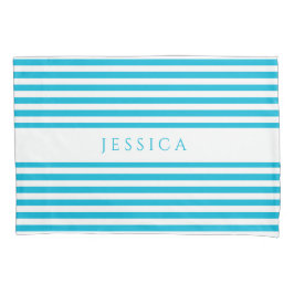 青モダンと白ストライプの 枕カバー