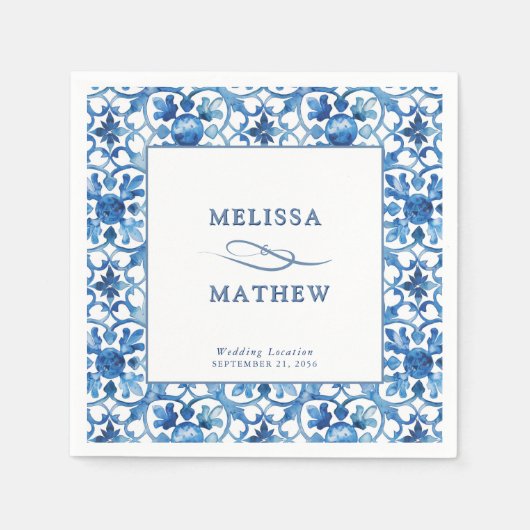 青モダンと白地中海の結婚の スタンダードカクテルナプキン (正面)