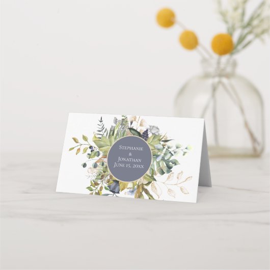 青モダンと緑の植物性の結婚緑 プレイスカード (裏面)