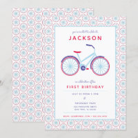 青モダンと赤の自転車誕生日招待状