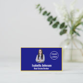 青モダンと金ゴールドのカスタムフォト不動産仲介業者 名刺 (スタンド正面)