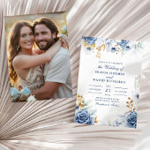 青モダンと金ゴールドのフローラカップルの結婚写真 招待状