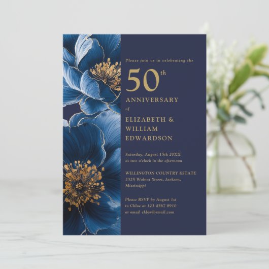 青モダンと金ゴールドのフローラ50周年記念写真 招待状 (スタンド正面)