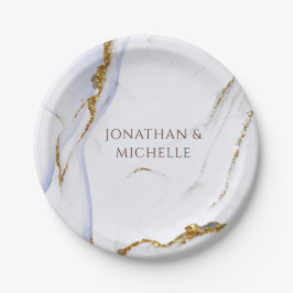 青モダンと金ゴールドの抽象デザイン結婚 ペーパープレート