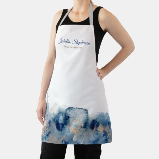 青モダンと金ゴールドの水色インク エプロン (インサイチュ)