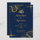 青モダンと金ゴールドの結婚式招待状 招待状 (正面/裏面)