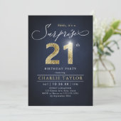 青モダンと金ゴールド大人の驚き21歳の誕生日 招待状 (スタンド正面)