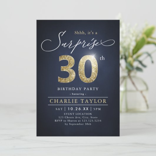 青モダンと金ゴールド大人の驚き30歳の誕生日 招待状 (スタンド正面)