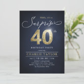 青モダンと金ゴールド大人の驚き40歳の誕生日 招待状 (スタンド正面)