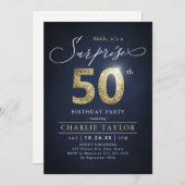 青モダンと金ゴールド大人の驚き50歳の誕生日 招待状 (正面/裏面)