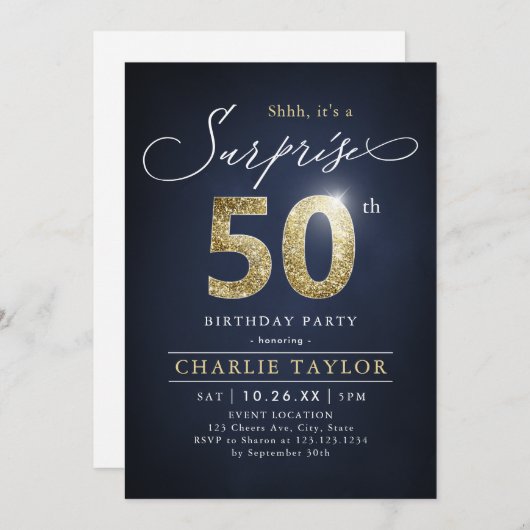 青モダンと金ゴールド大人の驚き50歳の誕生日 招待状 (正面/裏面)