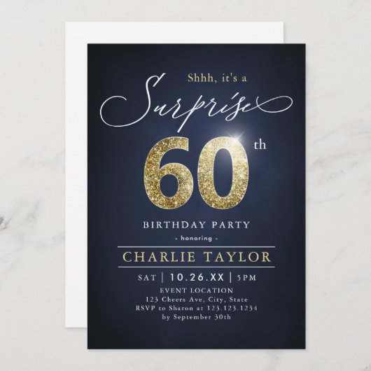 青モダンと金ゴールド大人の驚き60歳の誕生日 招待状 (正面/裏面)