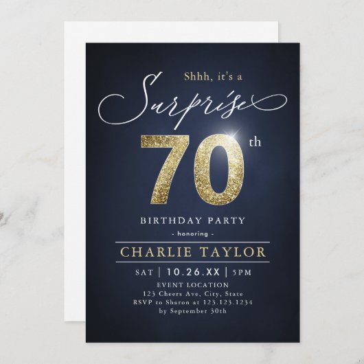 青モダンと金ゴールド大人の驚き70歳の誕生日 招待状 (正面/裏面)