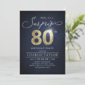 青モダンと金ゴールド大人の驚き80歳の誕生日 招待状 (スタンド正面)