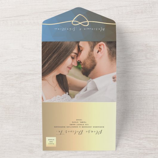 青モダンと金ゴールド幾何結婚の オールインワン招待状 (外側)