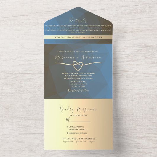 青モダンと金ゴールド幾何結婚の オールインワン招待状 (内側)