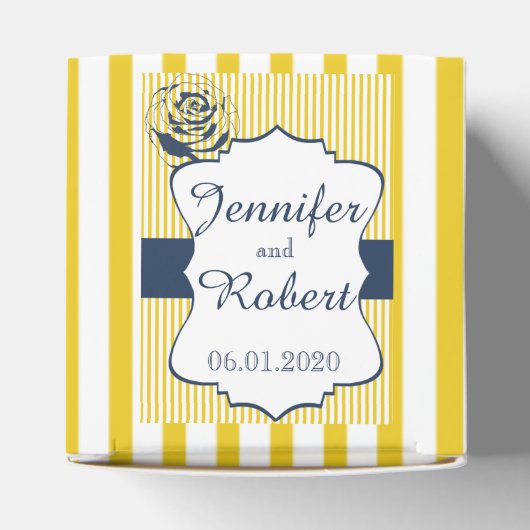 青モダンと黄の結婚式の引き出物ストライプボックス フェイバーボックス (上部)